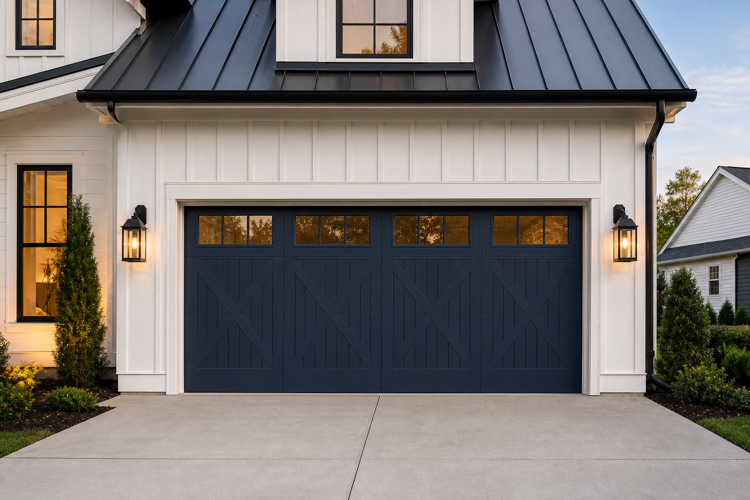 Deep navy blue carriage-house garage door on a white modern farmhouse with black accents