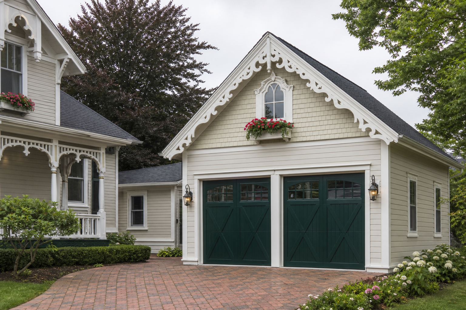 Deep forest green carriage-house garage door with window inserts on a Victorian home