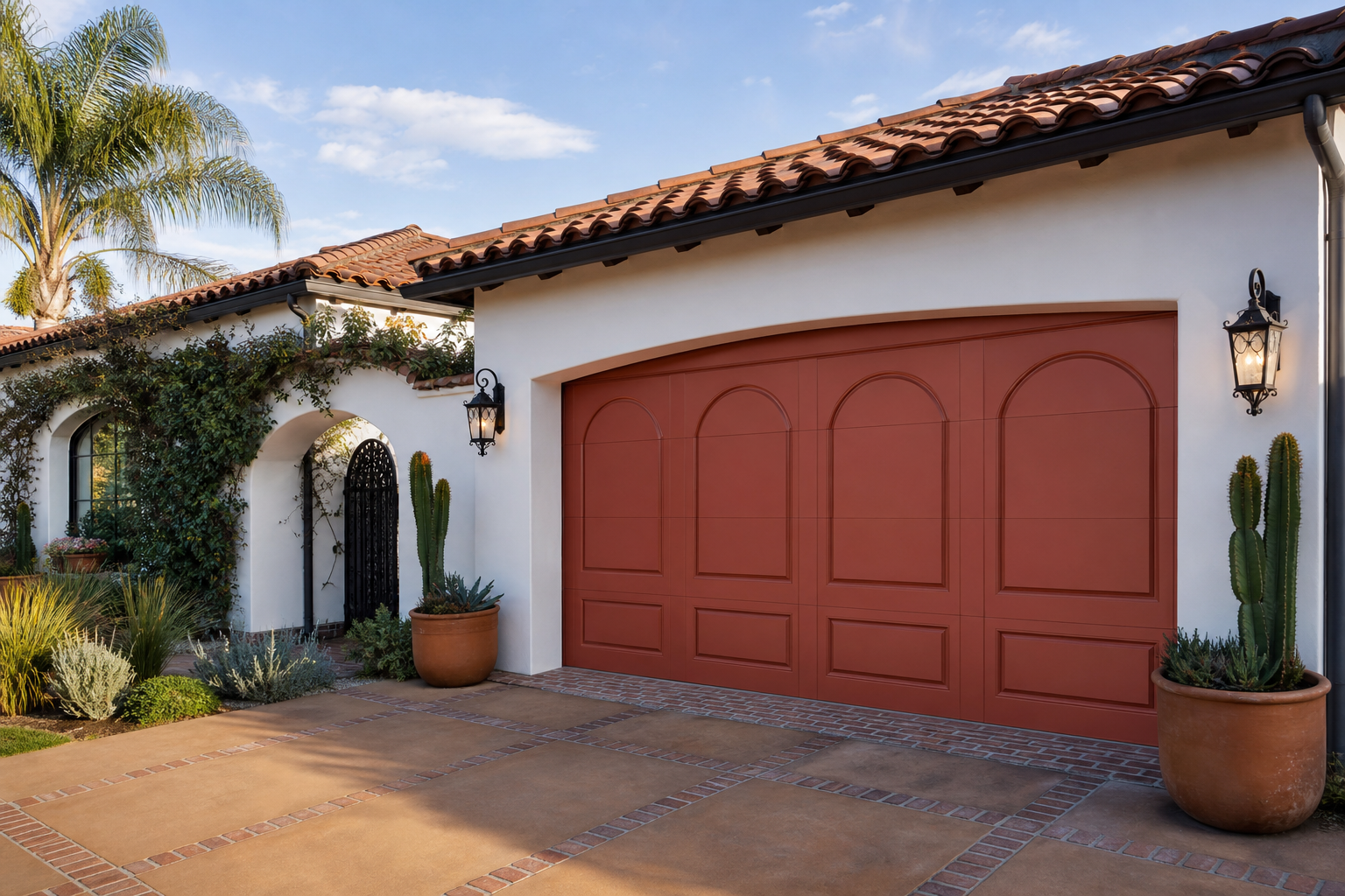 Terracotta red arched garage door on a Spanish colonial home with white stucco