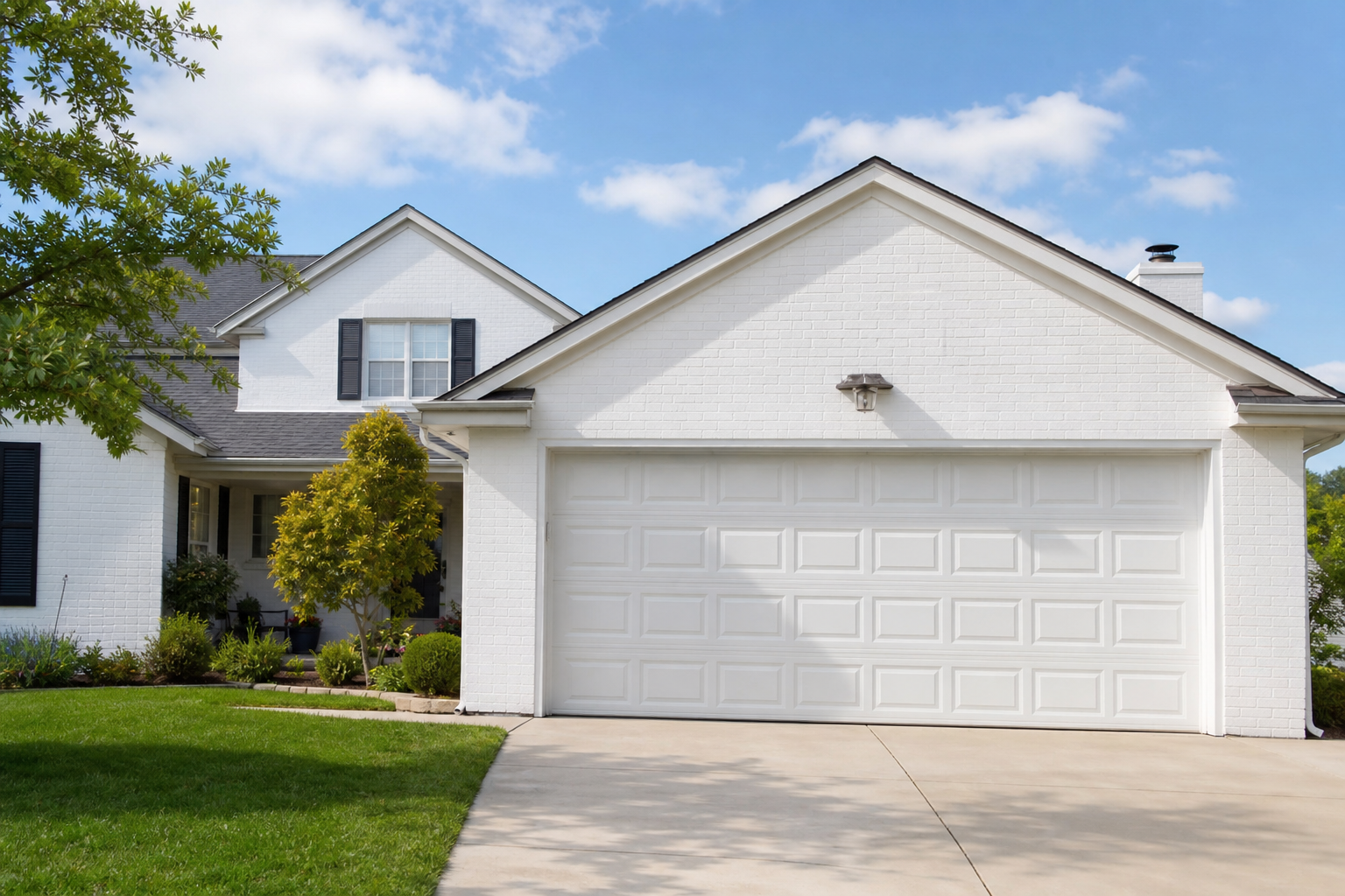 Bright white raised-panel two-car garage door on a classic brick suburban home