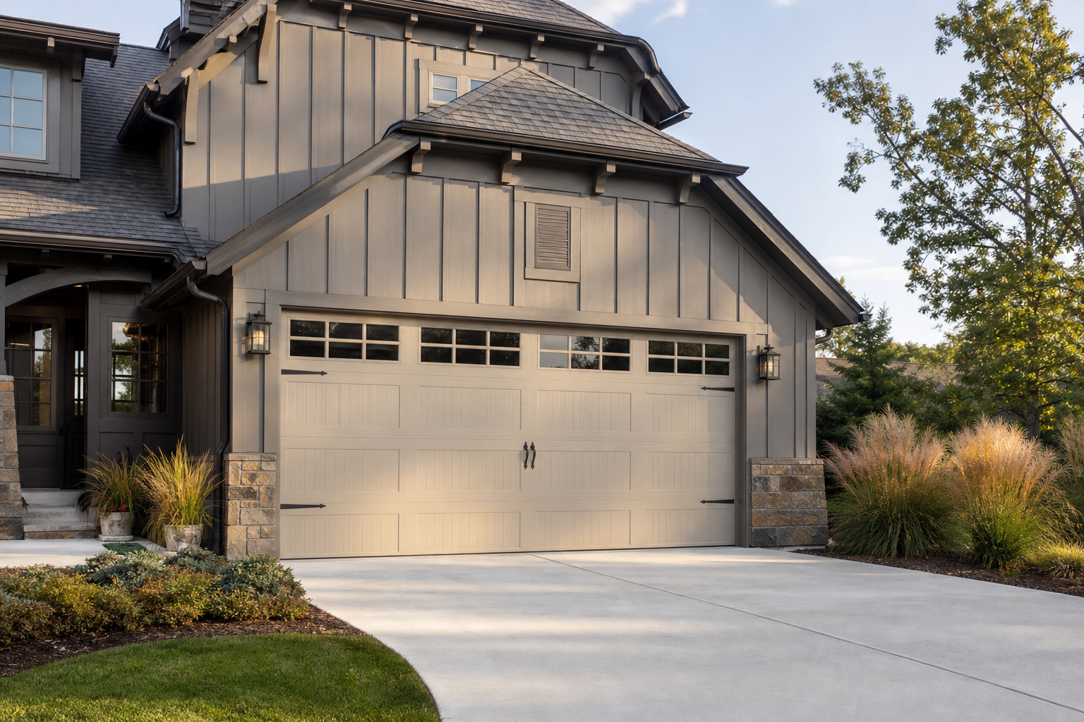 Warm greige garage door on a craftsman-style home with board-and-batten siding
