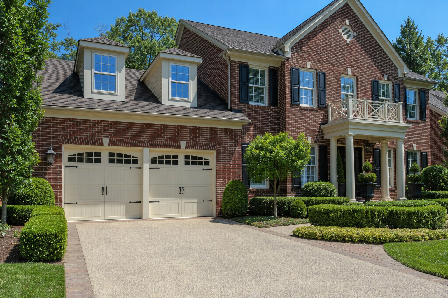 Cream almond carriage-house garage door on a red brick colonial home with black hardware