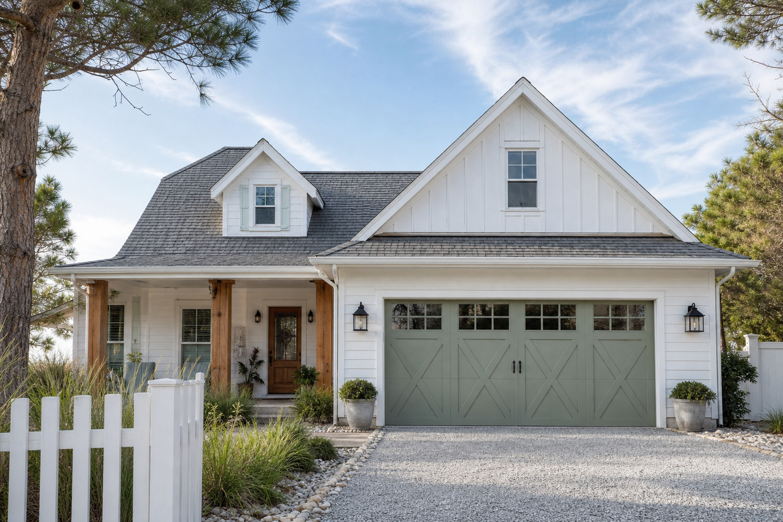 Soft sage green garage door on a white coastal cottage with natural wood accents