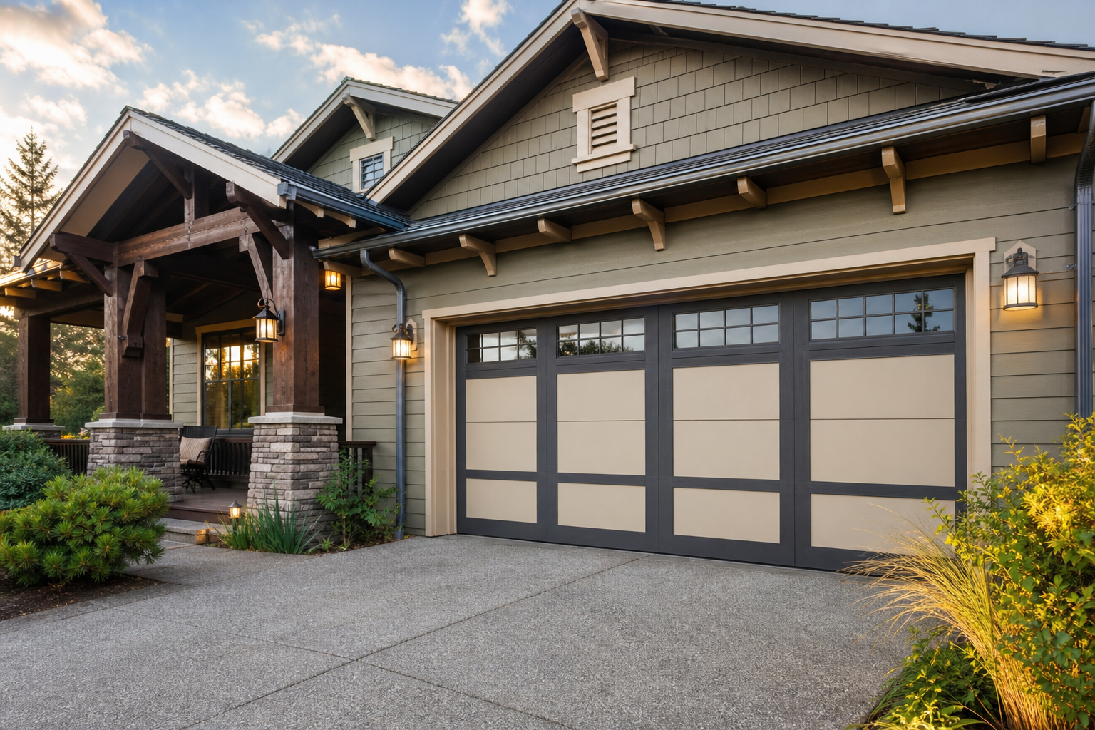 Two-tone charcoal and cream garage door on a craftsman home with stone pillars