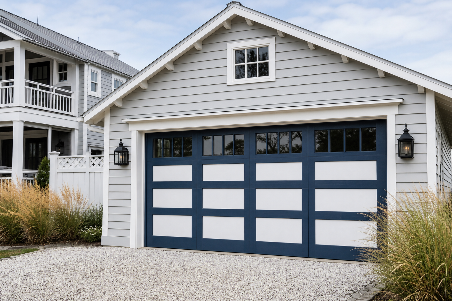 Navy and white two-tone garage door on a coastal contemporary gray home