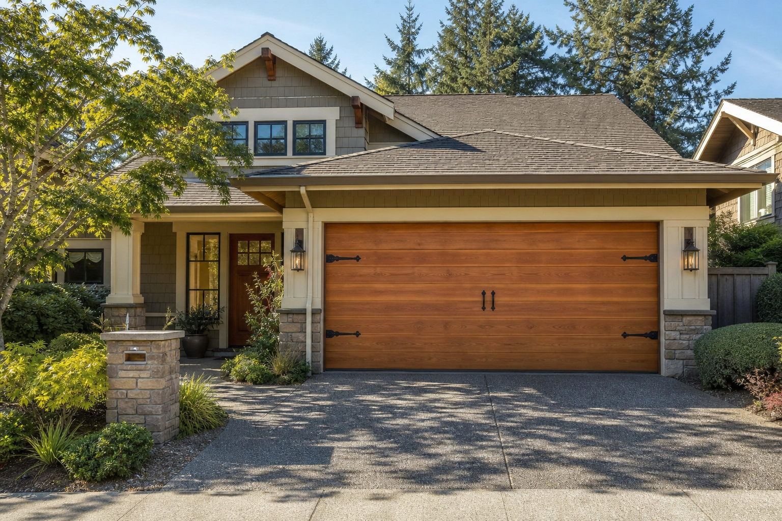 Natural cedar horizontal-plank garage door with dark iron hardware on a craftsman bungalow