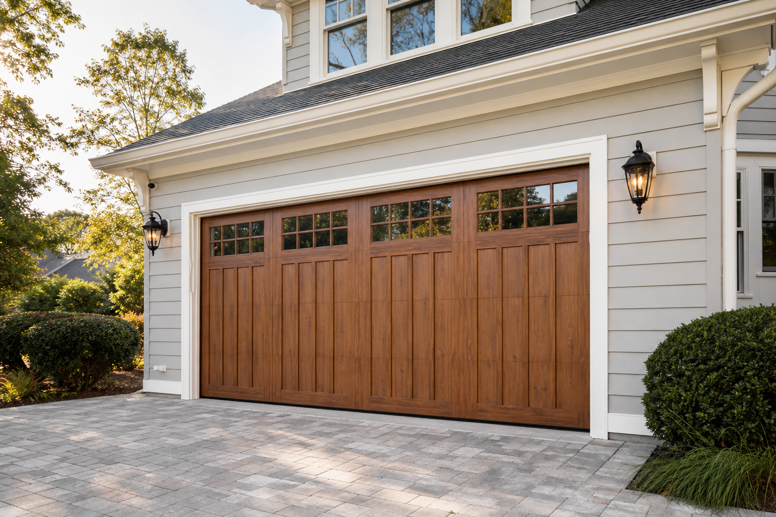 Medium oak faux-wood carriage-house garage door with window inserts on a gray suburban home