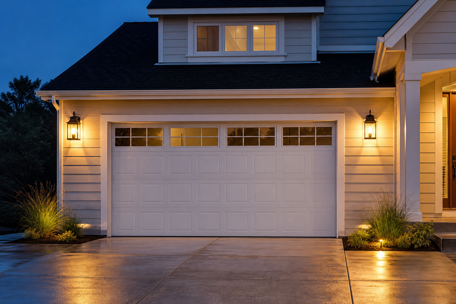 Black wall sconce lanterns casting amber light on either side of a white two-car garage door at dusk