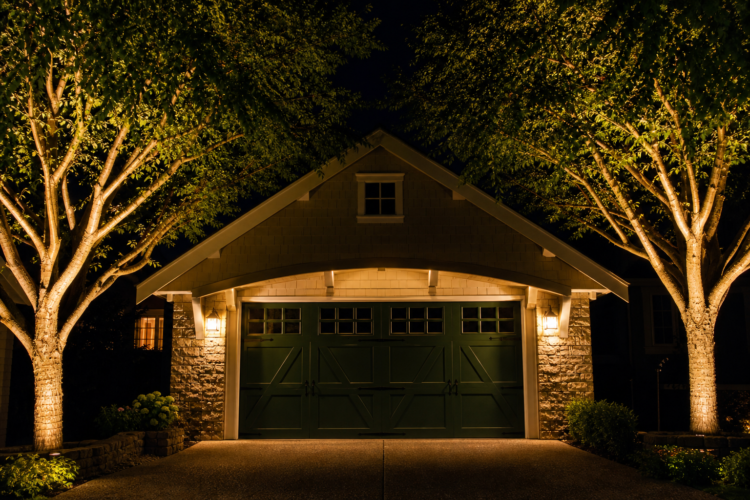 LED uplights at base of trees flanking driveway casting warm light on a dark green craftsman garage door