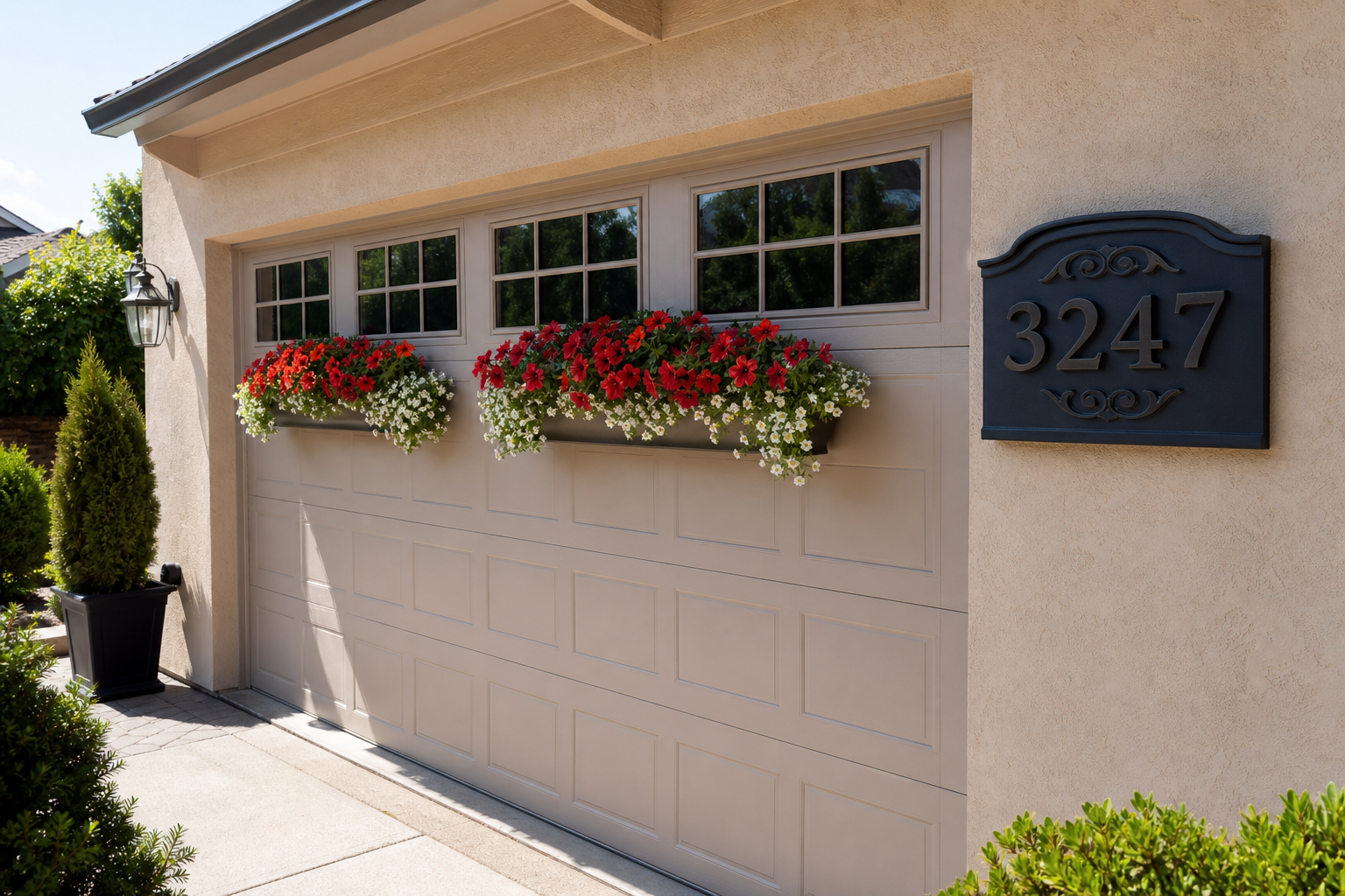 Window boxes with red petunias below garage door windows alongside a matte black decorative house number