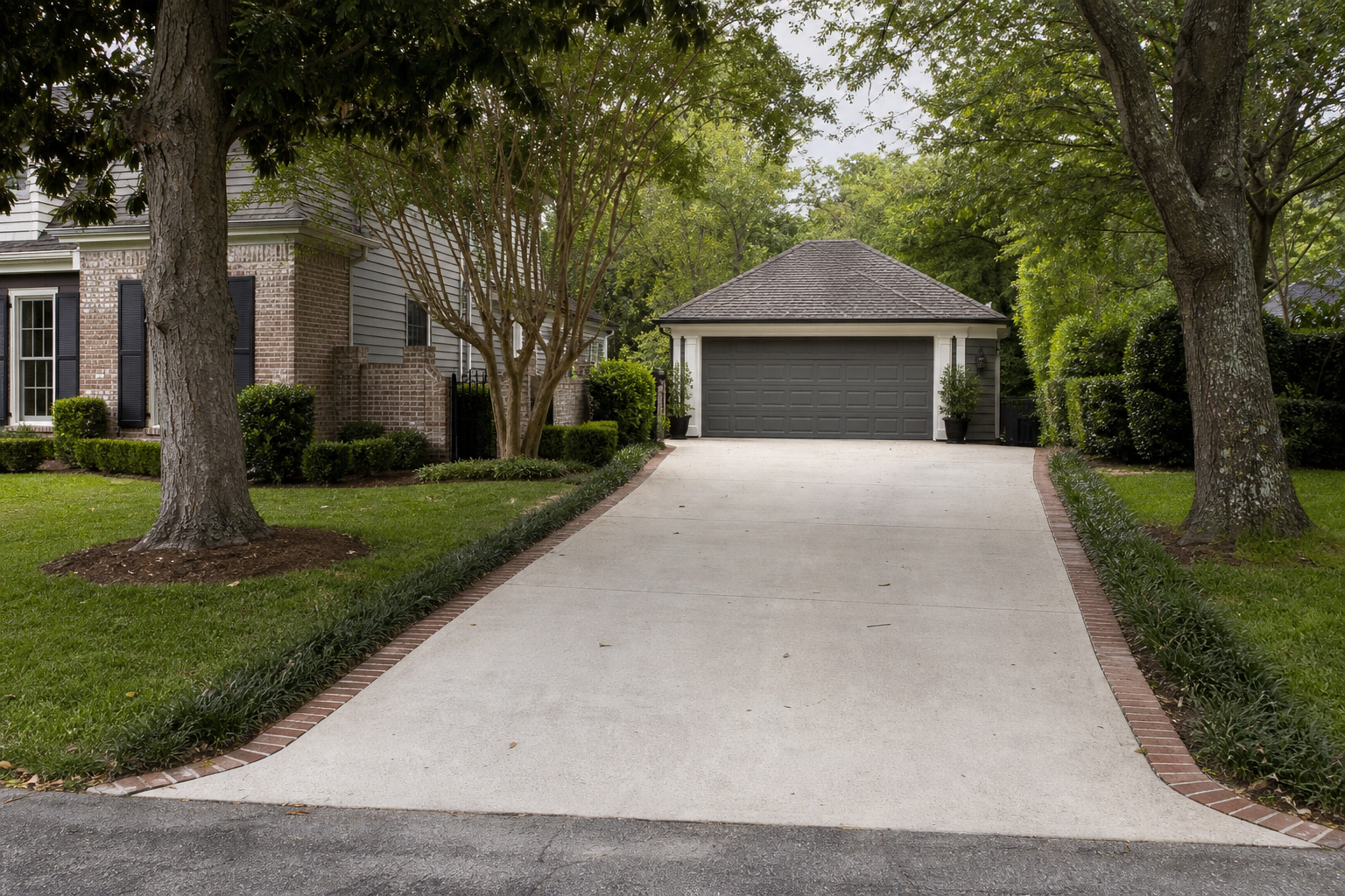 Brick paver driveway border with mondo grass ribbon leading to a two-car gray garage