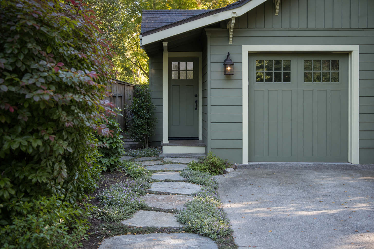 Flagstone stepping stone path with creeping thyme leading to a sage green garage side entry