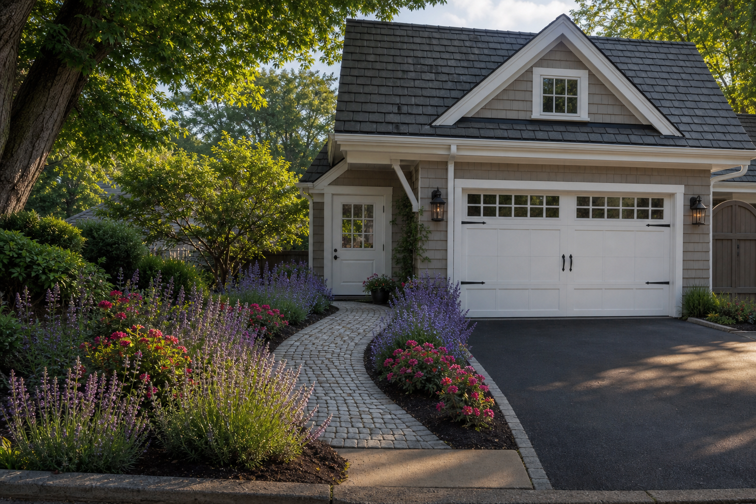Curved cobblestone path bordered by lavender and catmint leading to a white cottage garage door
