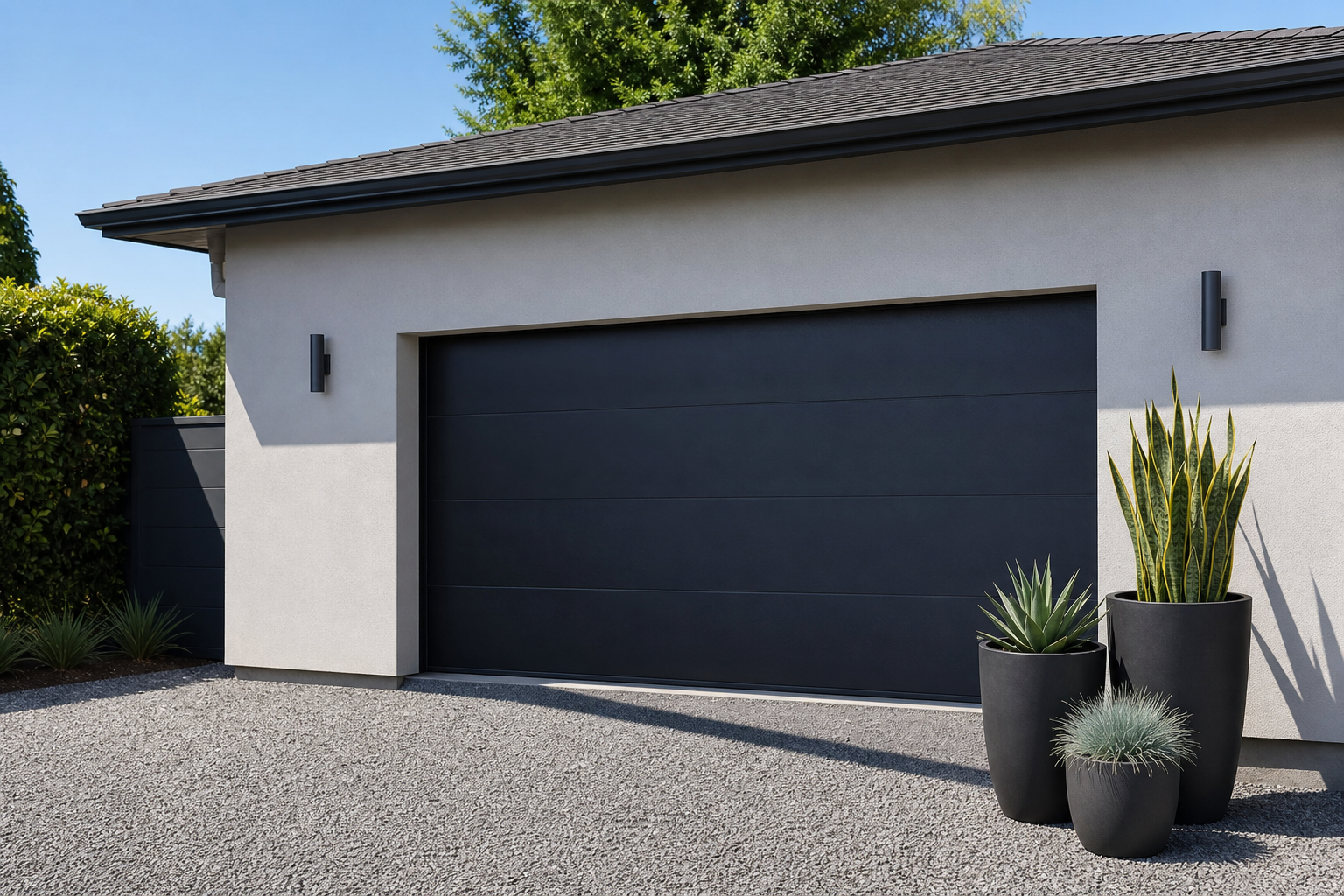 Grouped black concrete pots with snake plant, agave, and blue fescue beside a modern black garage door