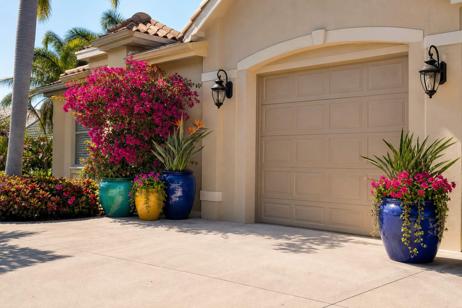 Colorful glazed ceramic pots with bougainvillea and bird of paradise beside a tan garage door on stucco home