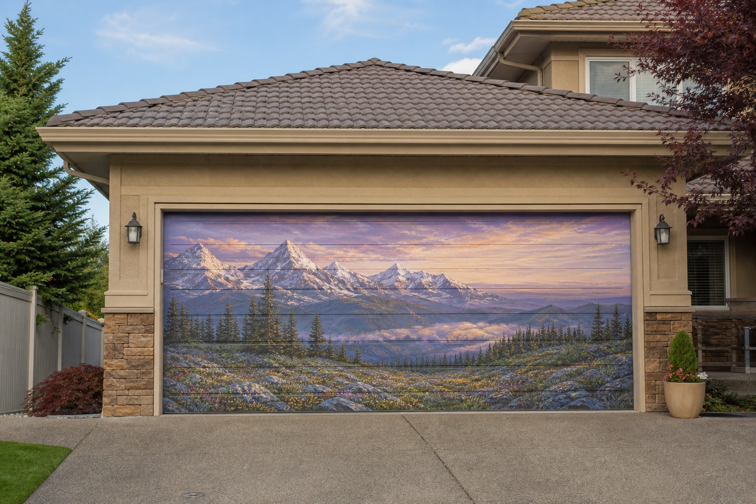 Two-car garage door painted with a photorealistic snow-capped mountain mural at sunrise
