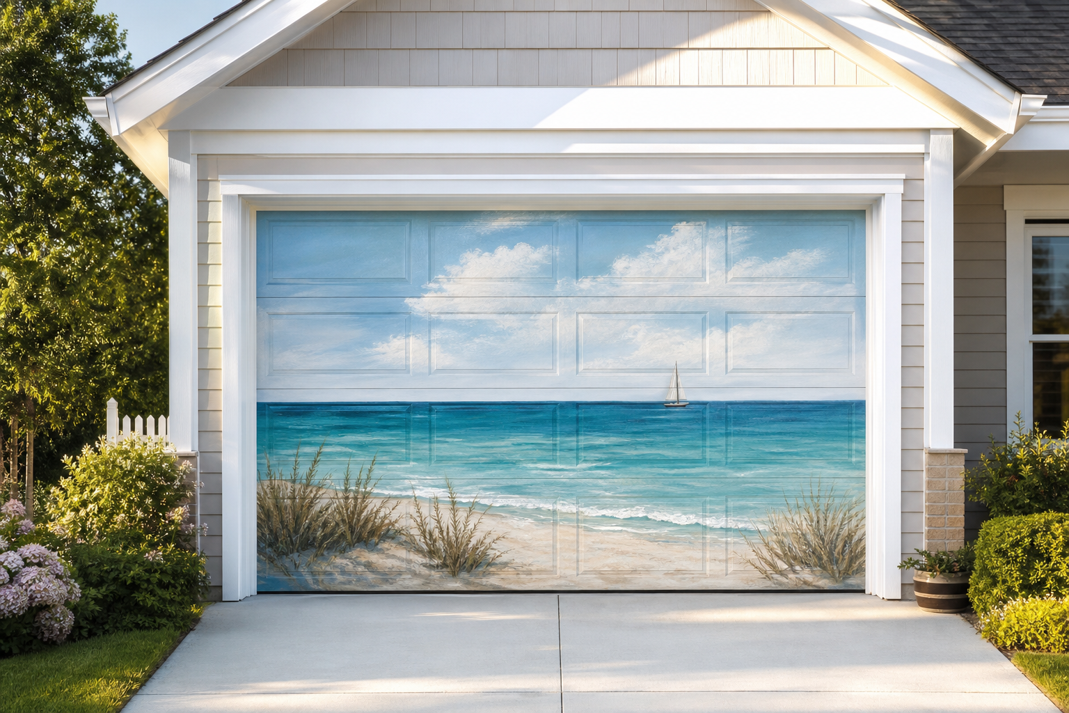 Single garage door with a painted coastal ocean mural featuring turquoise water and a distant sailboat