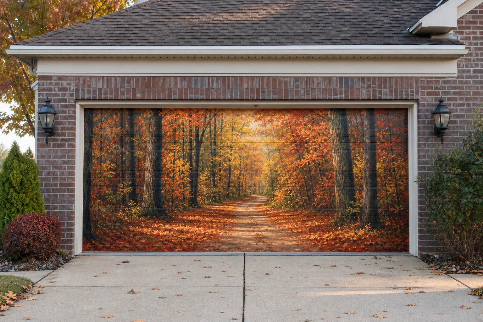 Garage door mural of an autumn forest path with orange and gold foliage and dappled sunlight