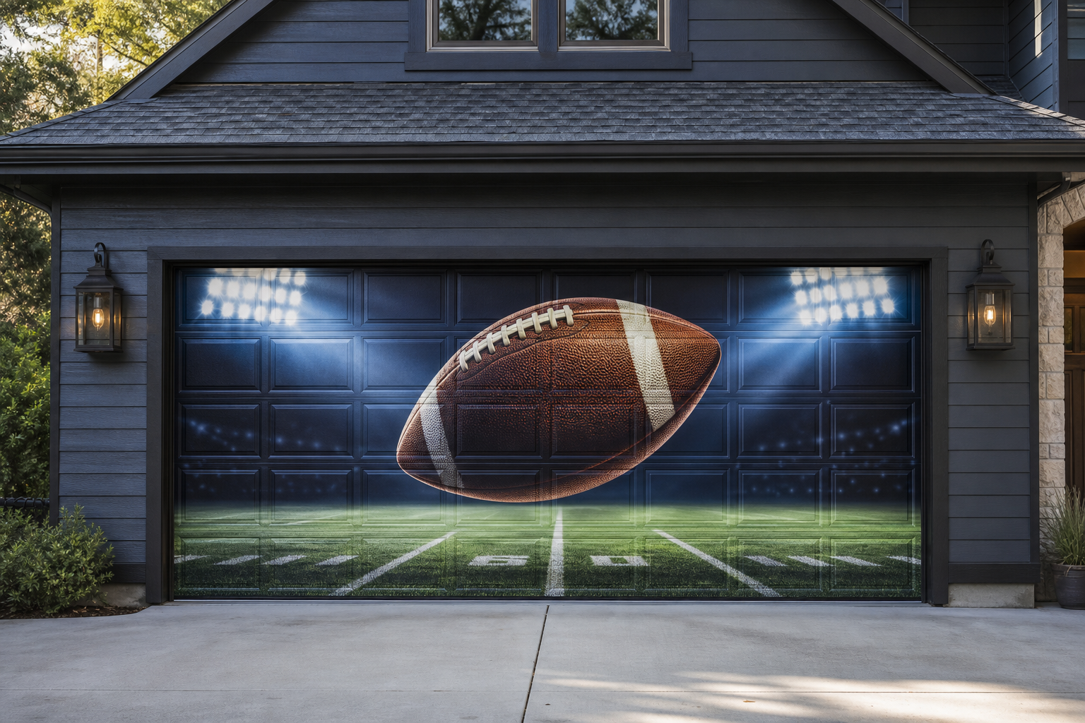 Garage door mural of a football in mid-spiral with stadium lights and painted green turf below