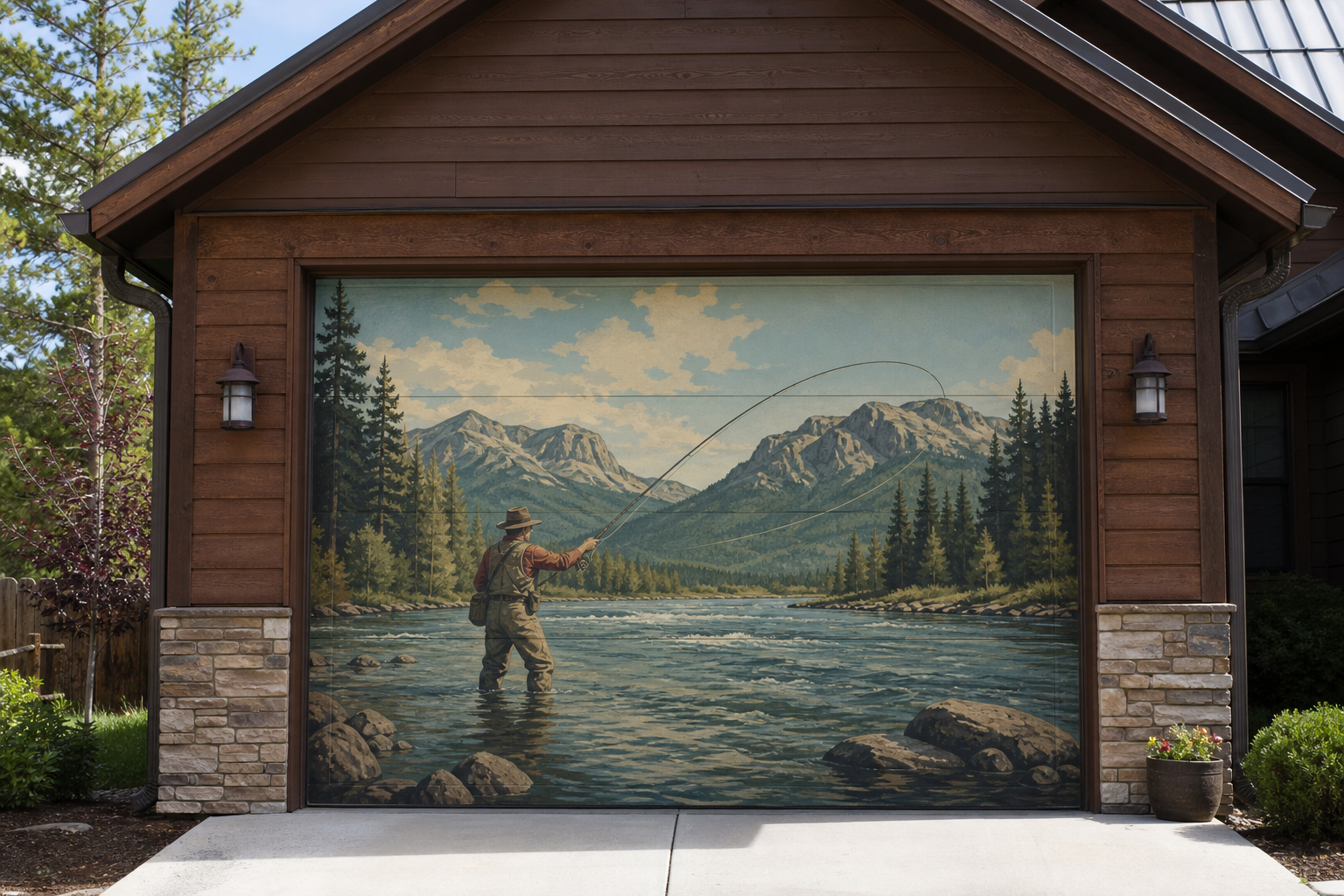 Garage door with a vintage-style fly fishing mural featuring an angler casting in a mountain river