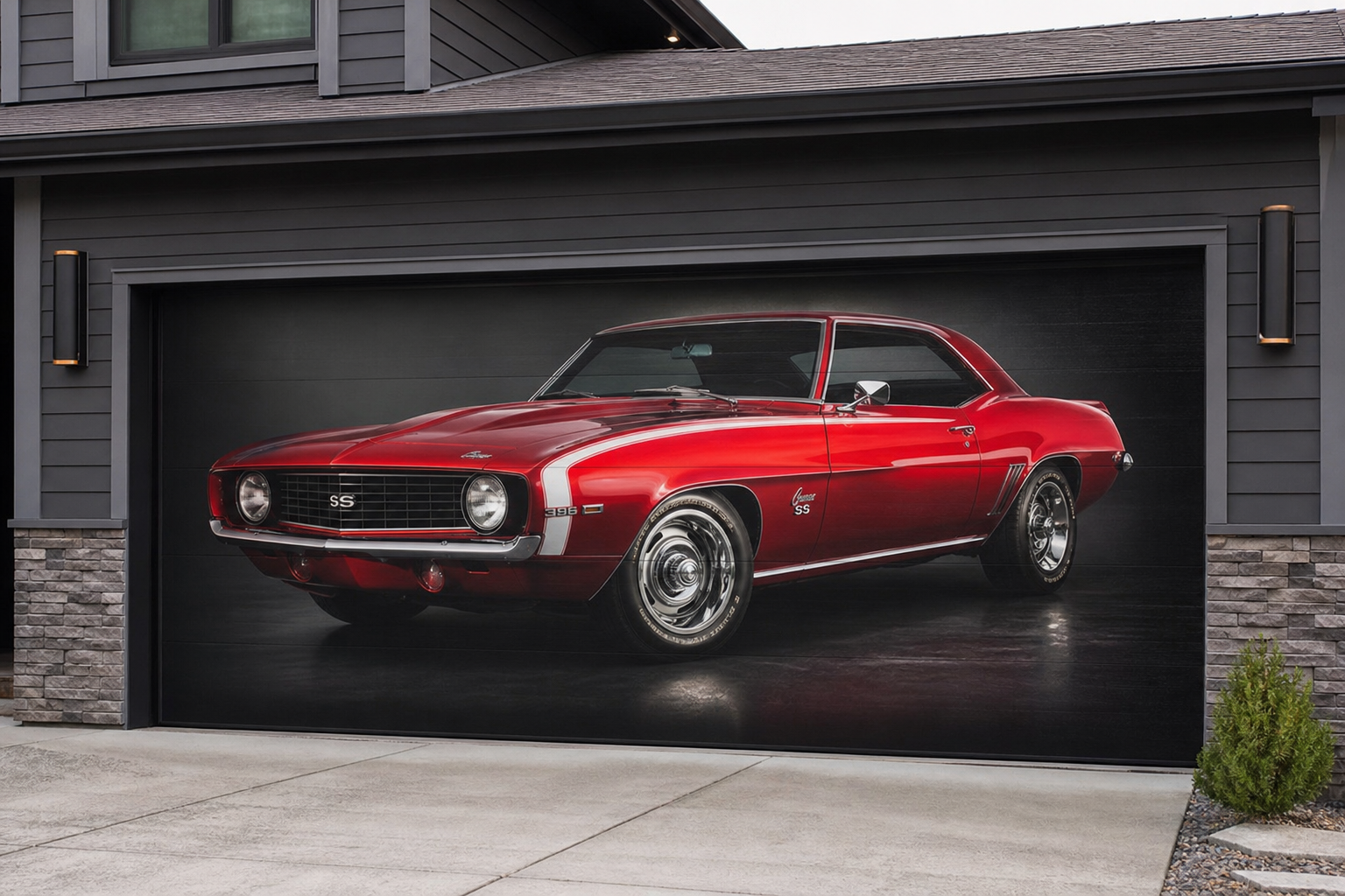 Garage door mural of a 1969 Chevrolet Camaro SS in candy apple red with dramatic studio lighting