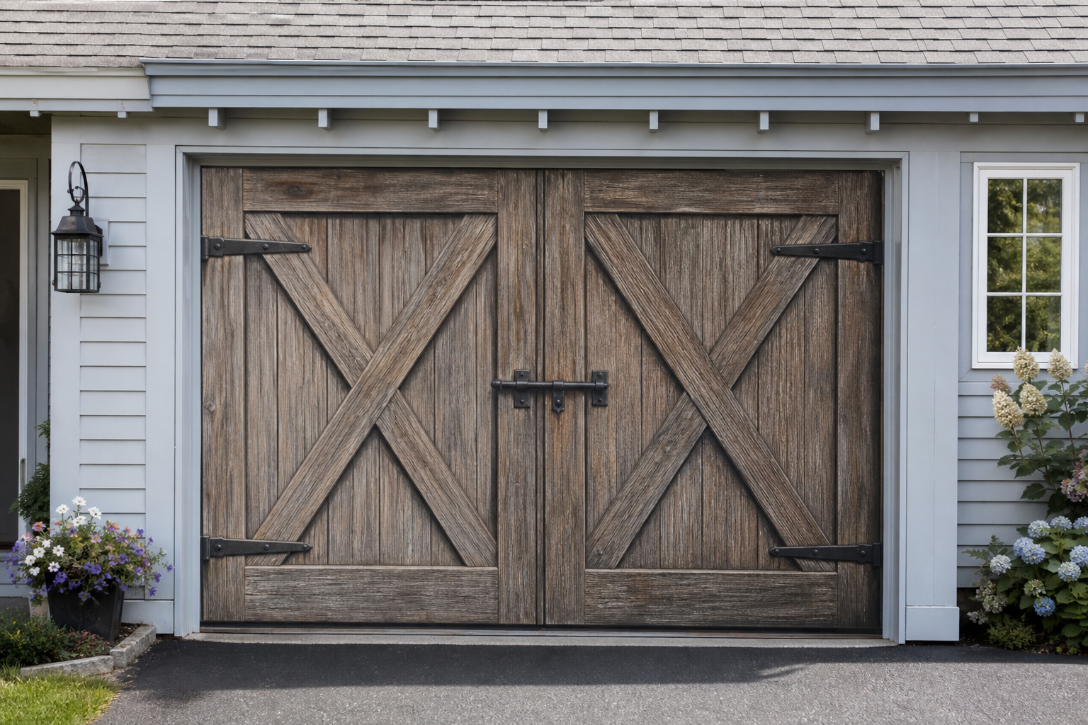 Garage door painted to look like rustic wooden barn doors with iron hinges and realistic wood grain
