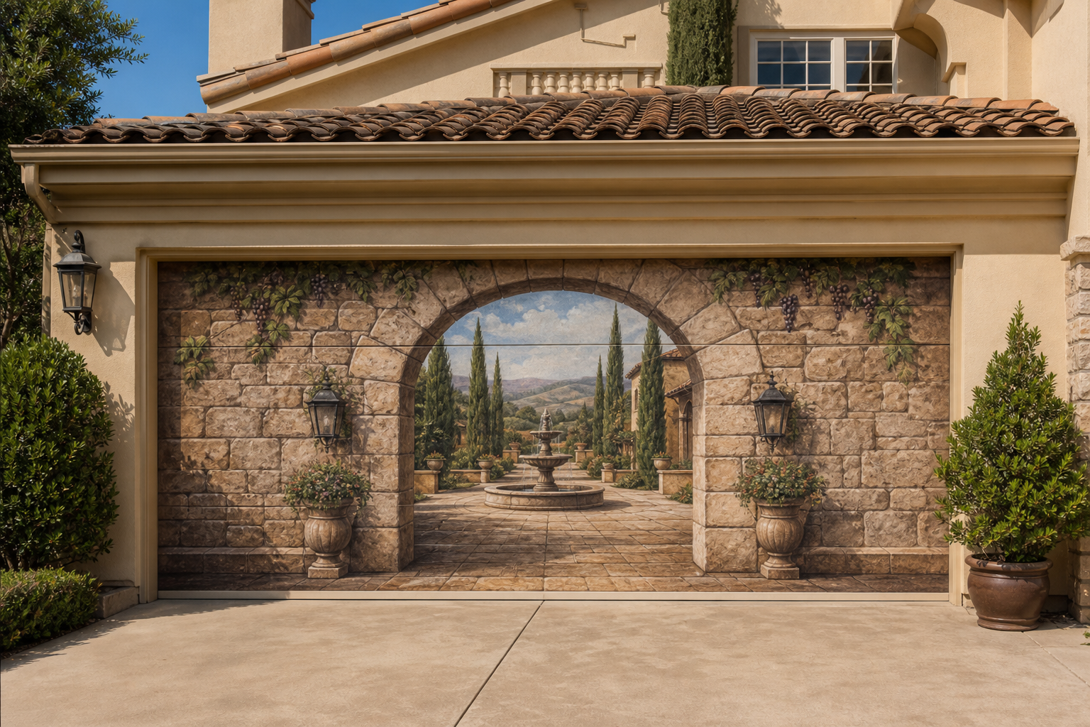 Garage door painted as a trompe l'oeil stone archway with a Mediterranean courtyard scene beyond
