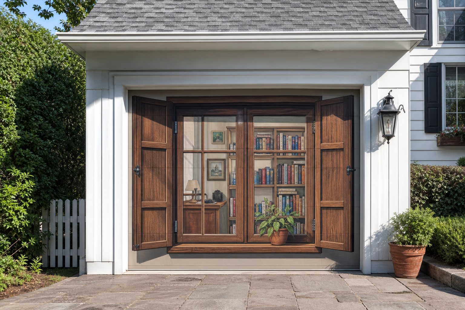 Garage door painted as a trompe l'oeil open window revealing a bookshelf and cozy room interior