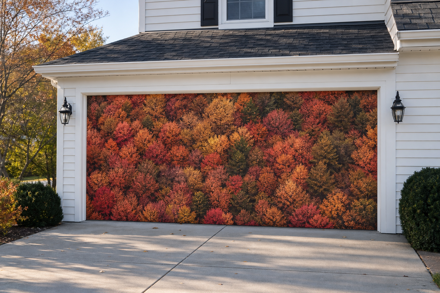 Garage door with a full-panel vinyl wrap showing an aerial photograph of colorful autumn forest canopy