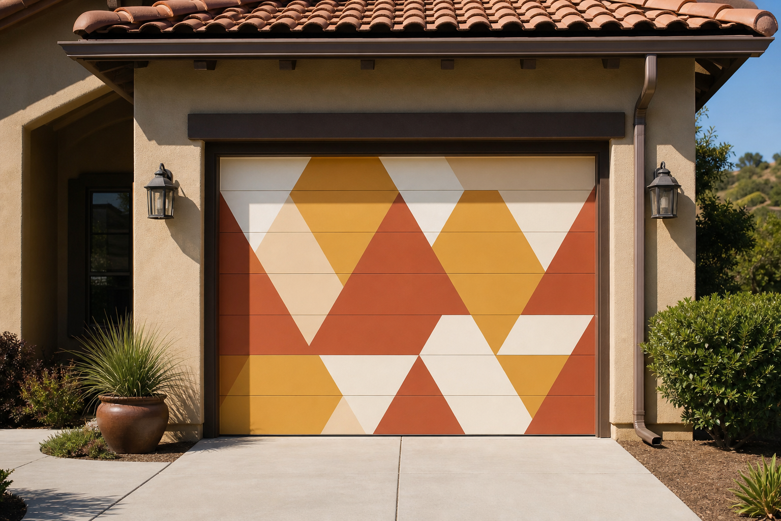 Garage door with a geometric vinyl wrap in mustard yellow, burnt orange, and terracotta mid-century pattern