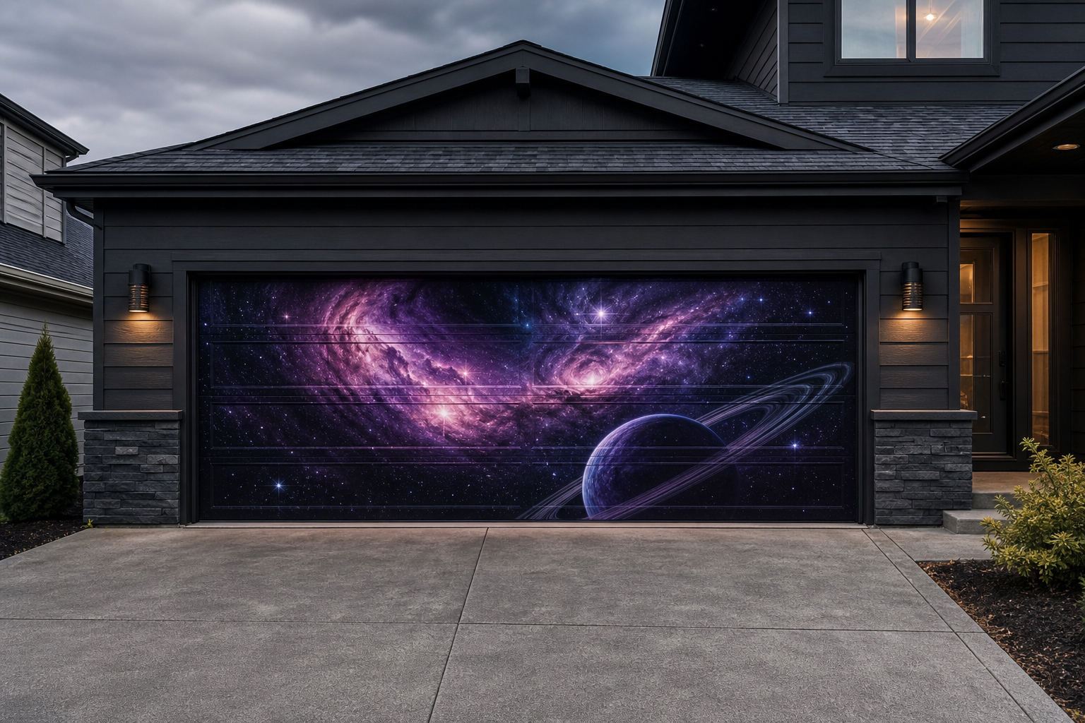 Garage door galaxy wrap with a vivid nebula in purple and blue hues and a ringed planet below