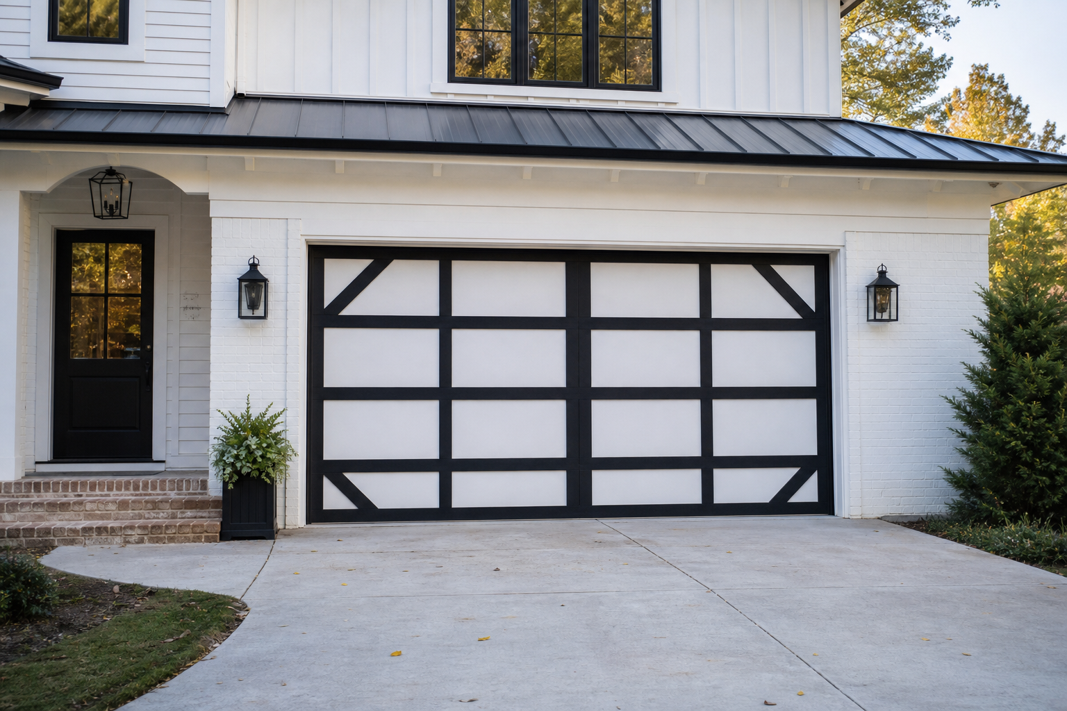 White garage door with matte black trim accents on raised panels and crossbeams