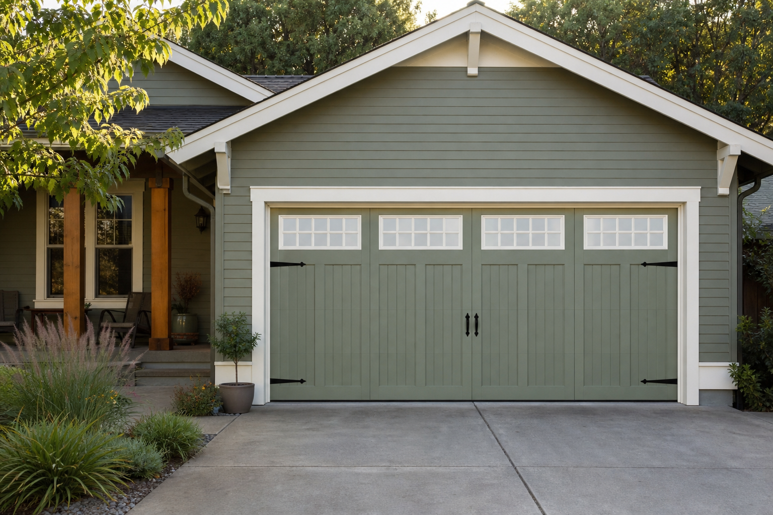 Craftsman bungalow garage door with sage green panels and white trim molding accent