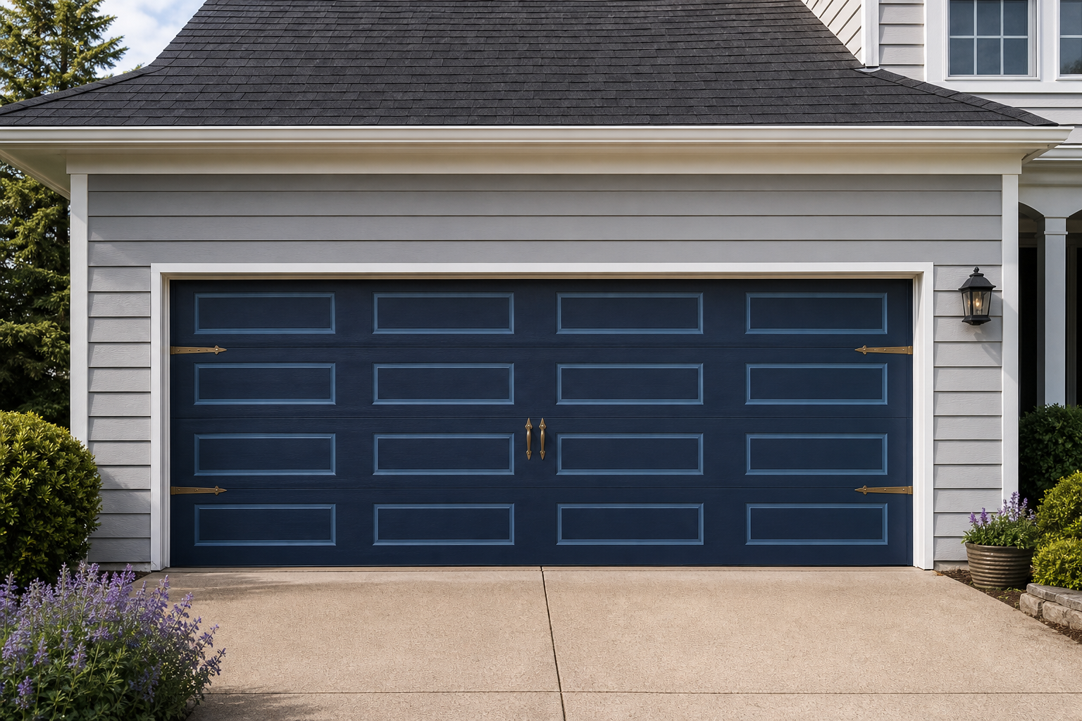 Double garage door in deep navy with lighter steel blue recessed panel accent and brass hardware