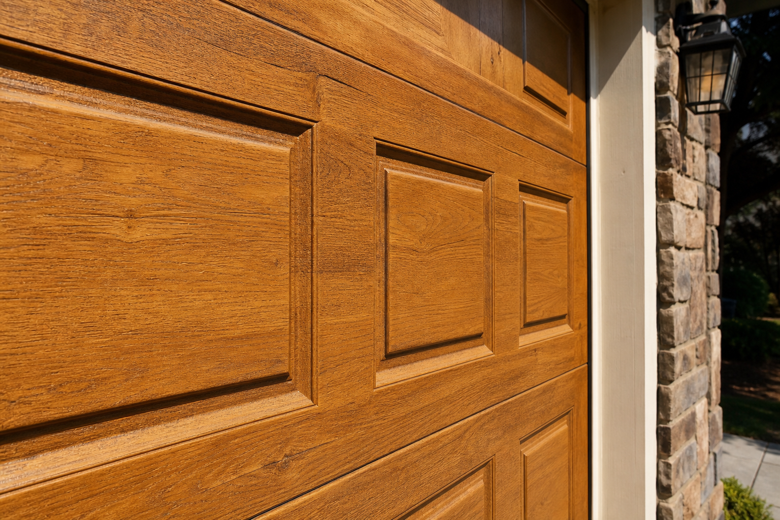 Close-up of garage door panel with faux wood grain finish in golden oak tones