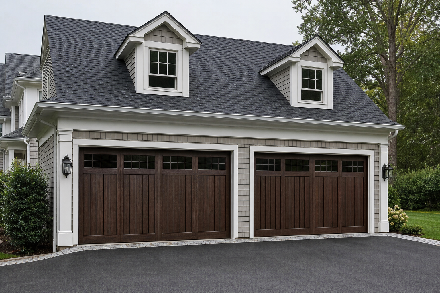 Carriage-house garage door with faux dark walnut grain finish and white trim columns