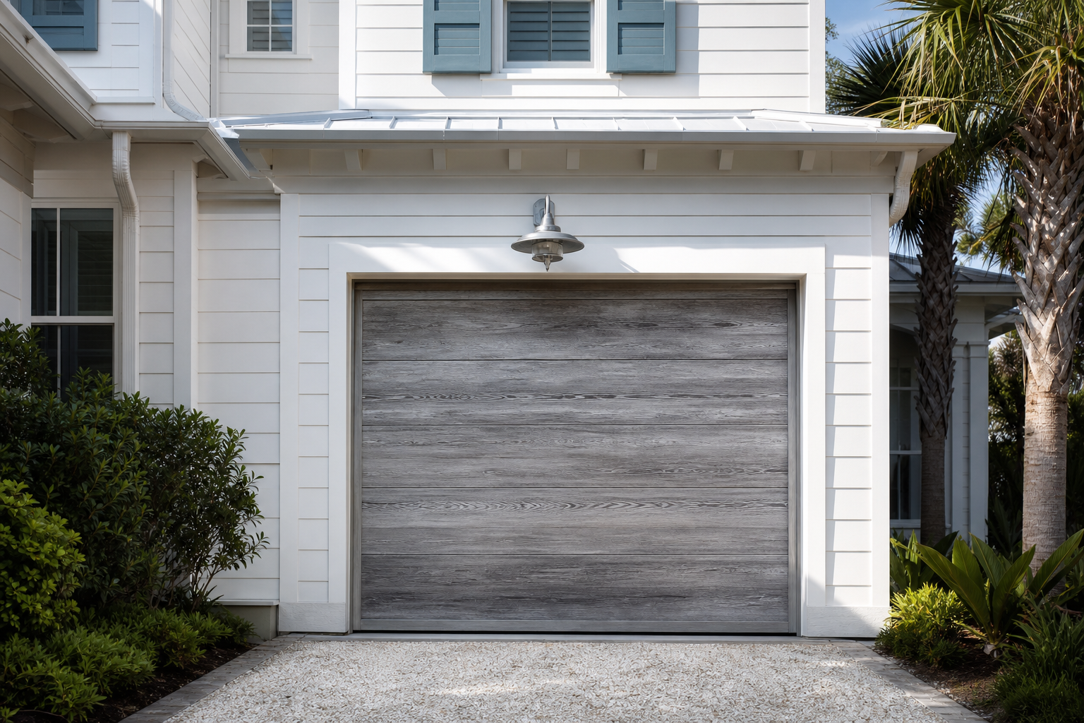Single-car garage door with faux driftwood gray weathered finish on coastal style home
