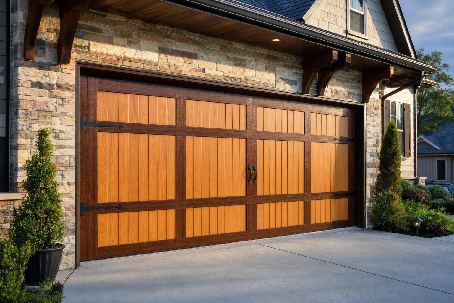 Two-tone faux wood garage door with cedar panels and mahogany border frame finish