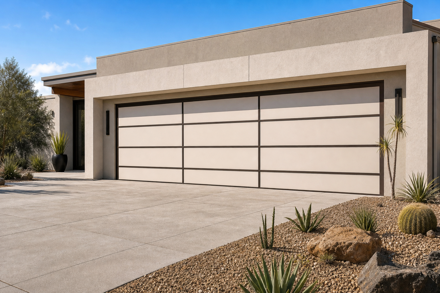 Wide three-car flush-panel garage door painted warm off-white on modern minimalist home
