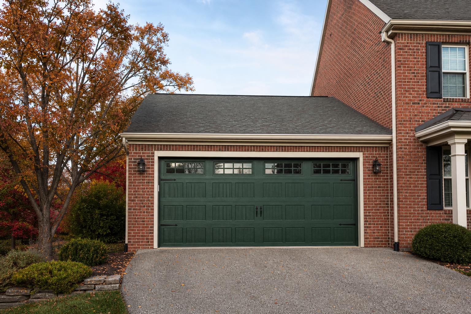 Two-car colonial garage door painted forest green with black iron hinges on brick home