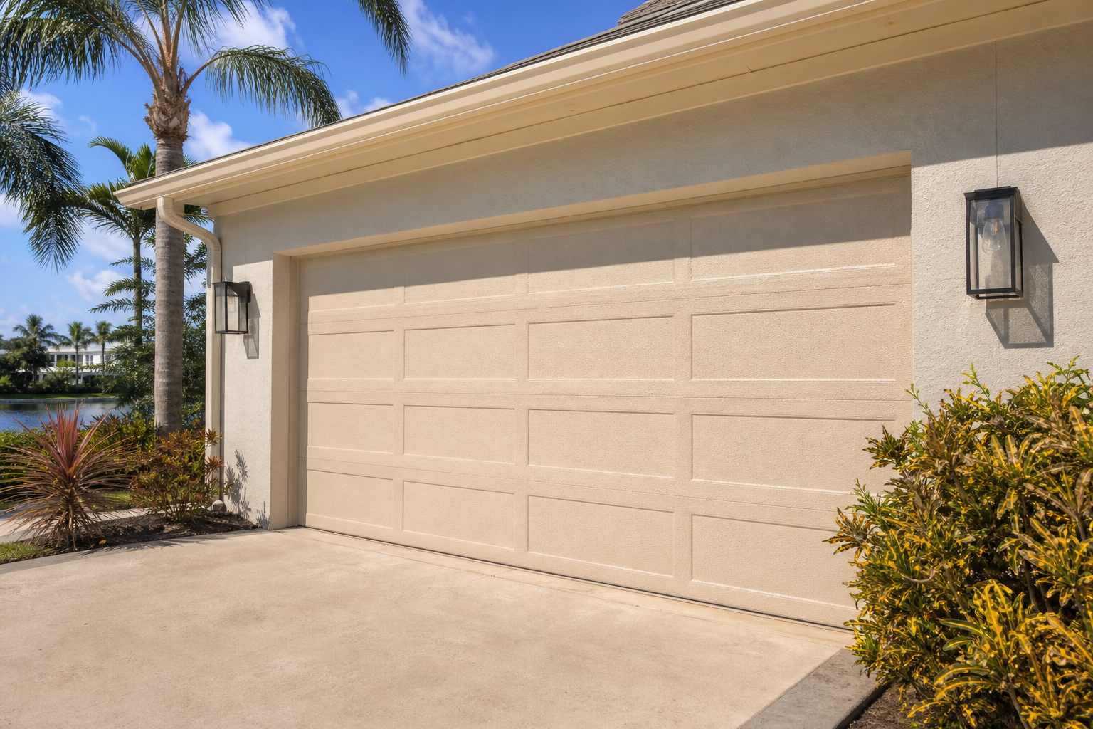 Coastal Florida garage door with elastomeric sandy beige weather-resistant paint finish