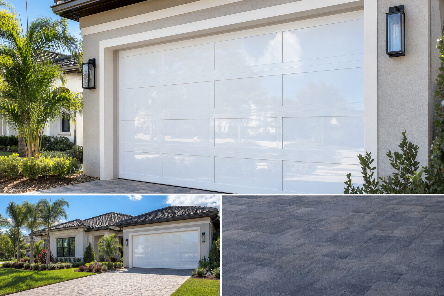 Two-car garage door with high-gloss UV-resistant white exterior paint reflecting sunlight