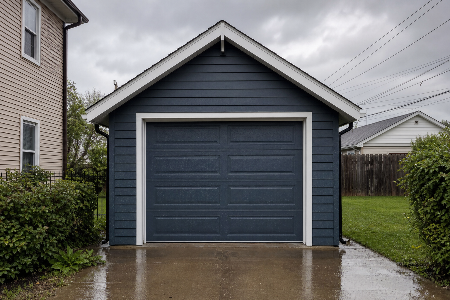 Detached garage door with matte rust-inhibiting dark slate blue weather-resistant finish