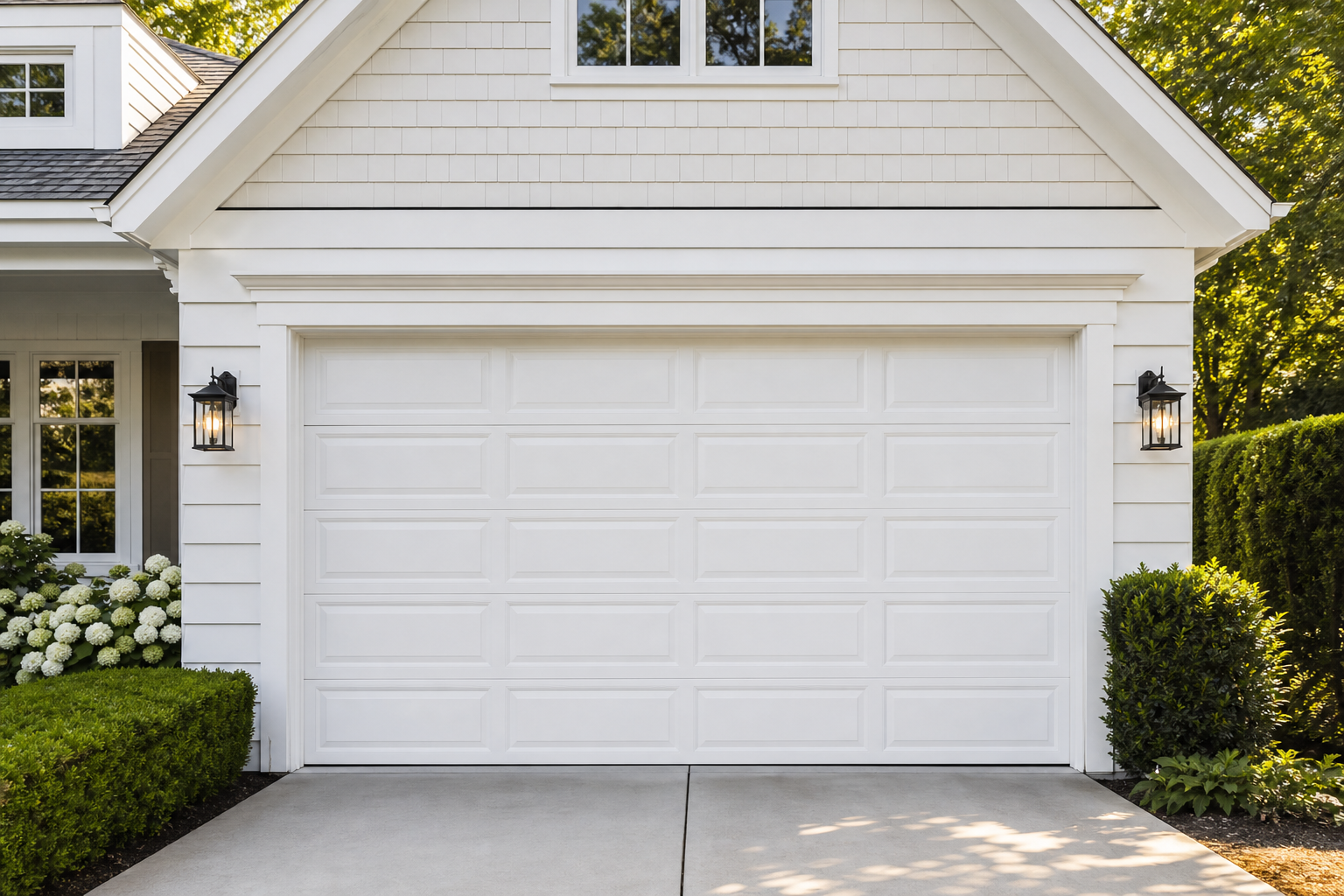 White craftsman garage door with wide painted wood casing trim and crown molding header