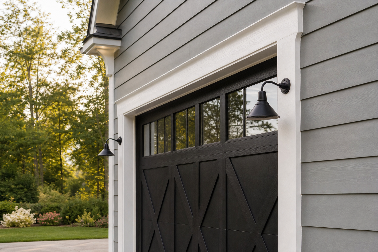Gray farmhouse garage with black carriage door framed by wide white ogee-profile trim boards