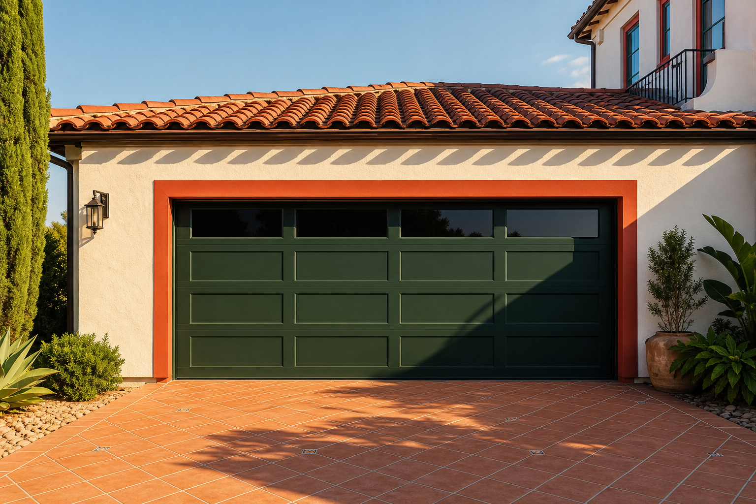 Cream stucco home with forest green garage door framed by terracotta orange-red painted trim