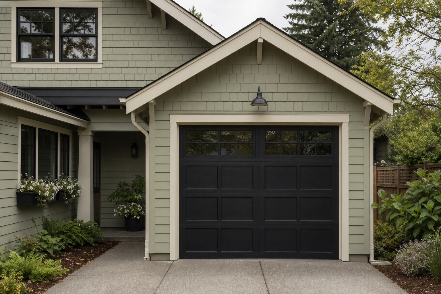 Sage green craftsman home with black garage door framed by warm linen-colored contrasting trim