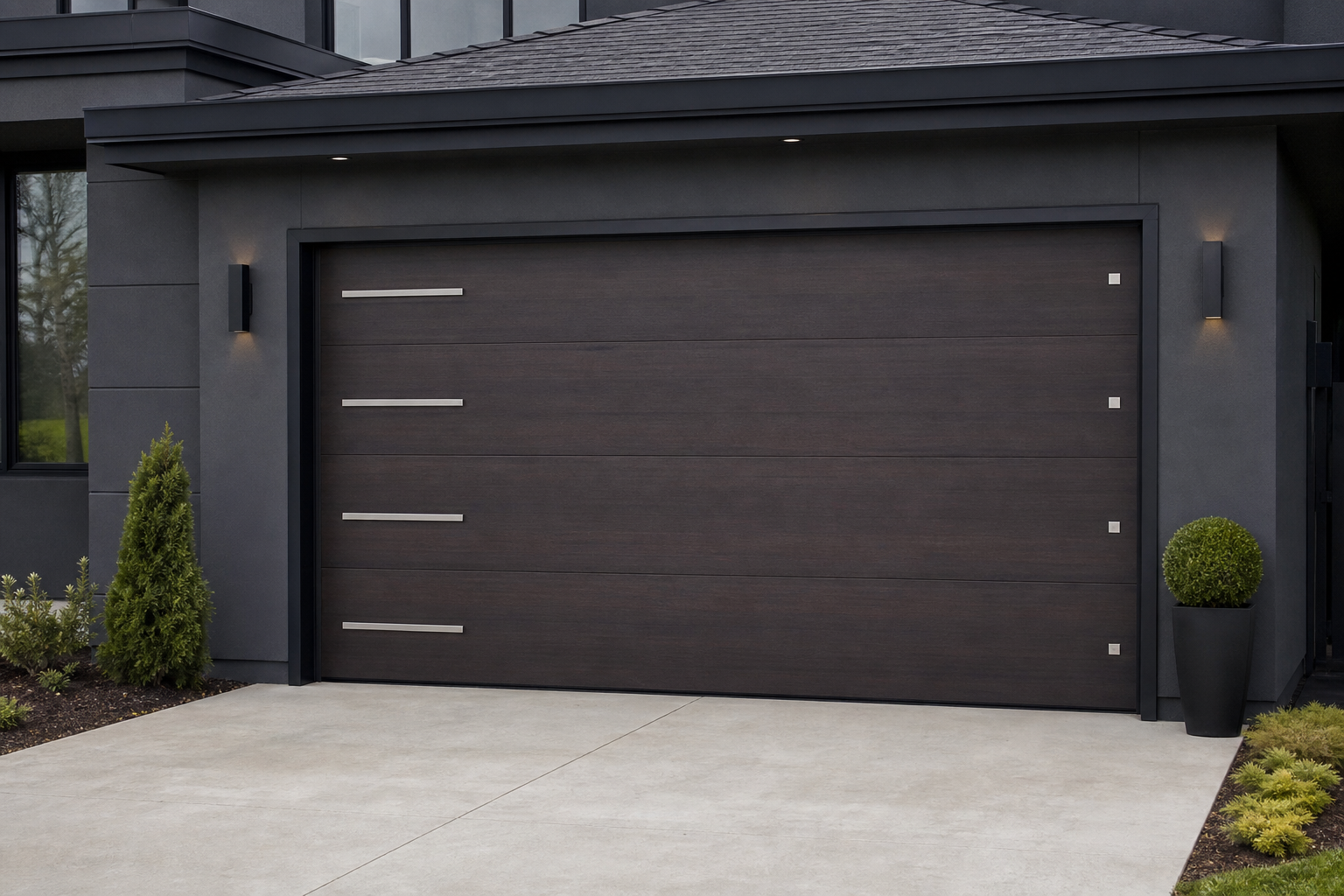Dark modern home with wood-grain garage door and brushed nickel geometric bar handle hardware accents