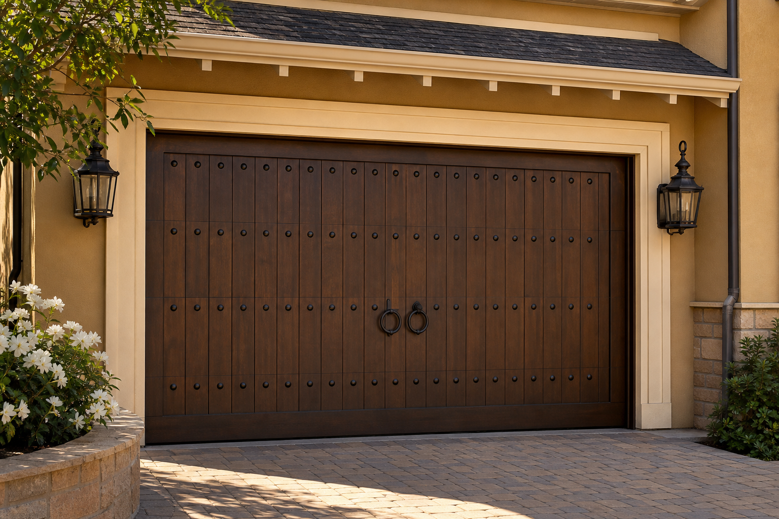 Sandstone traditional home with walnut garage door featuring oil-rubbed bronze clavo studs and ring pulls