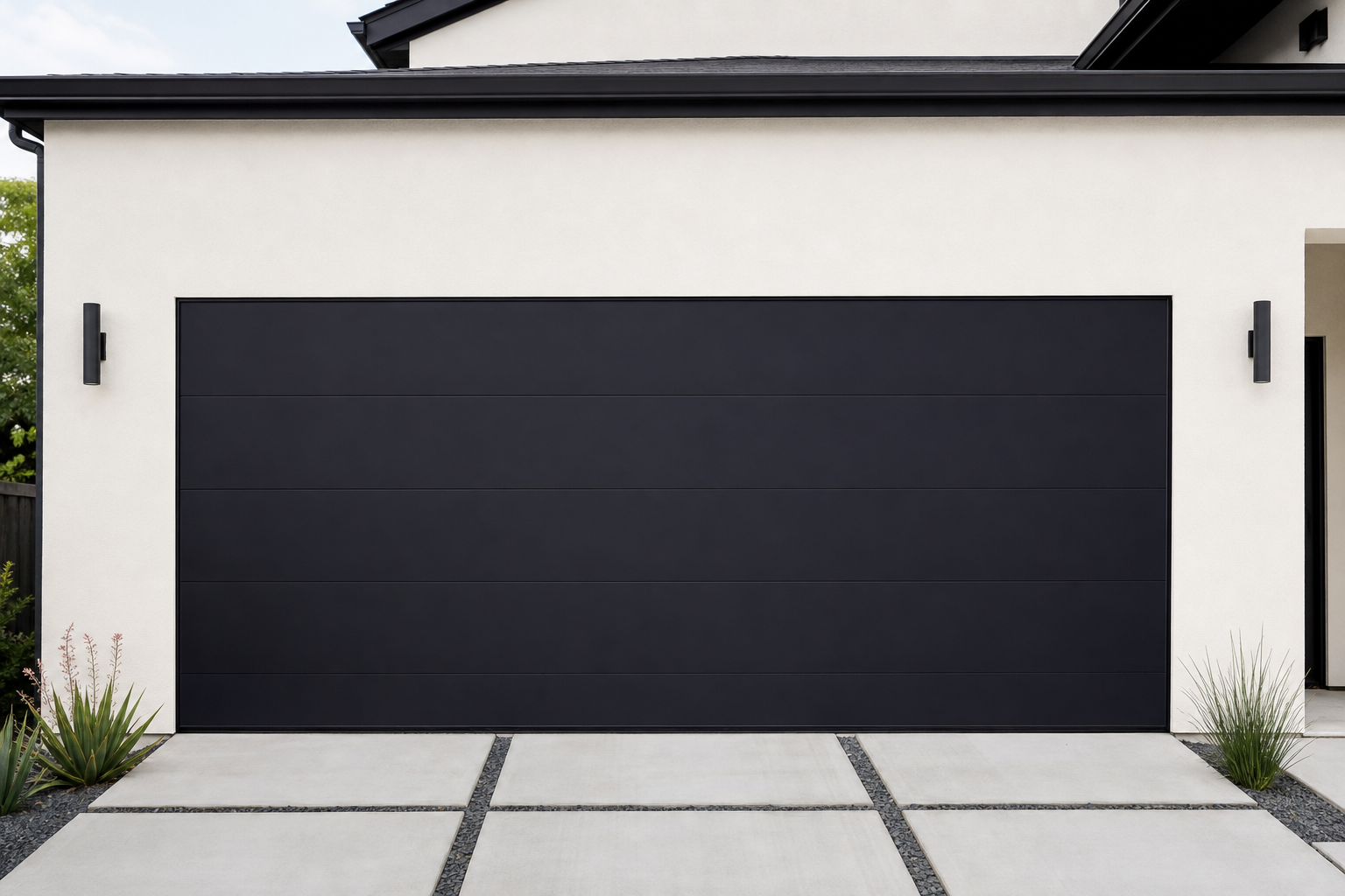 Modern white stucco home with flat black aluminum channel trim around black garage door